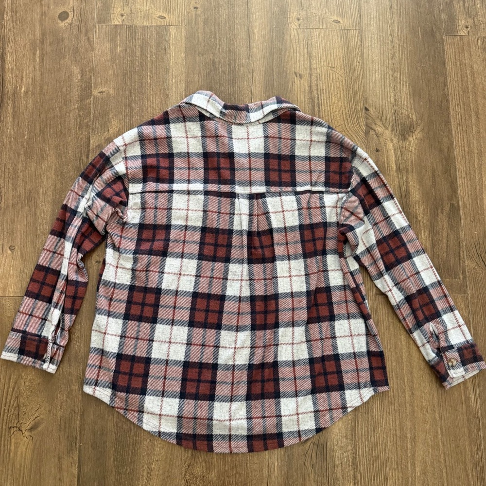 Ultra Flirt Plaid Button Down Shirt Womens 1X Burgundy‎ Cream Long Sleeve Cabin - Picture 3 of 9